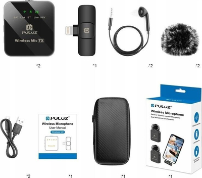Mikrofon lavalier Puluz PU647B, 2x wireless, për iPhone me Lightning, i zi