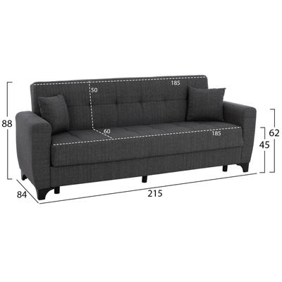 Divan-Shtrat 3 ulëse, shpinë e lartë, me hapësirë, 215×84×88 cm HM3242.03, gri