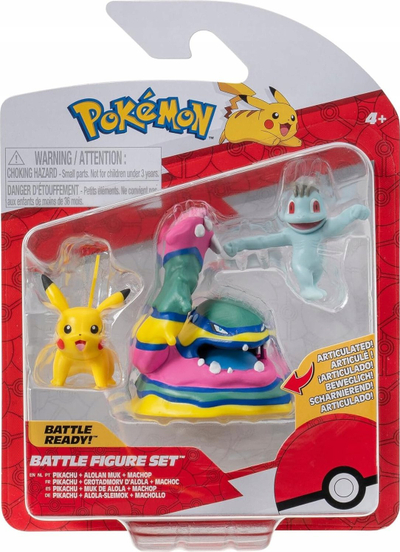 Set figurina Pokémon Battle Figure 3 Pack Jazwares, 2" Pikachu dhe Machop 3" Alolan Muk, shumëngjyrësh