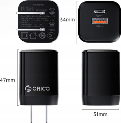 Karikues muri Orico CR-35AC, GaN 35W, USB-C dhe USB-A, i zi