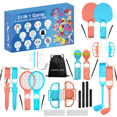 Set aksesorësh gaming Hurtel Nintendo Switch 23‑in‑1, familjar, për Switch 2, portokalli‑blu