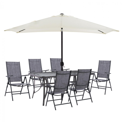 Set Tavolinë 150×90 cm + 6 karrige palosëse + çadër,"HM11480", bezhë/ gri