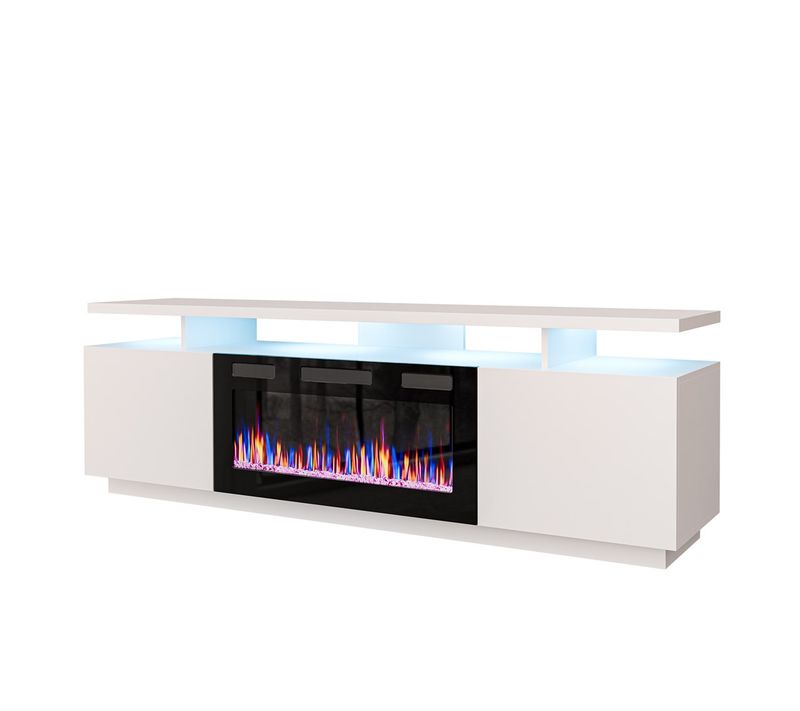 Komodë TV Bed Meble Eva, oxhak elektrik, 180x40x52cm, e bardhë me shkëlqim
