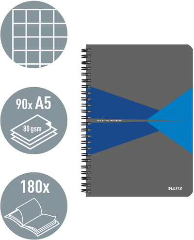 Bllok shënimesh Leitz Office Notebook, A5, faqe me katrorë, kapak PP, blu