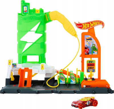 Pistë lodre Hot Wheels City Super Recharge Fuel Station, set lojërash me stacion karikimi EV, për vetura 1:64, shumëngjyrëshe