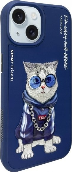 Këllëf telefoni Audi Nimmy Case për iPhone 15 6.1", me figurë Glasses Cool Cat, blu