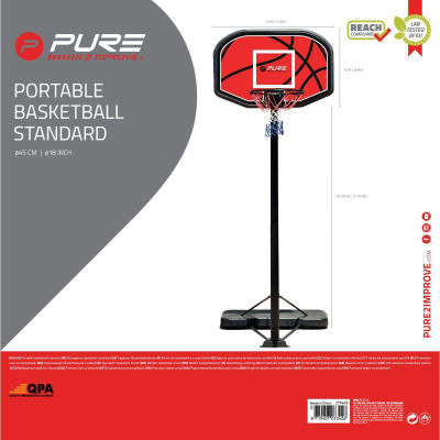 Kosh basketbolli Pure2Improve, i lëvizshëm, lartësi 1.90-3.40 m, i zi me të kuqe