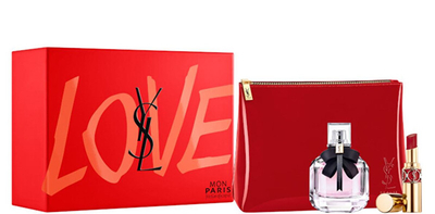 Set Yves sAint Laurent Mon Paris - Eau de Parfum 50 ml + buzëkuq 49 Rose Tropical 3.2 g + çantë kozmetike