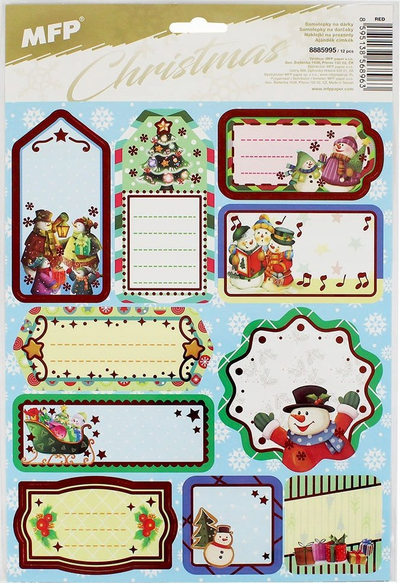 Stickers për dhurata Krishtlindjesh MFP Christmas, fletë 20x30cm, etiketa vetëngjitëse, shumëngjyrëshe