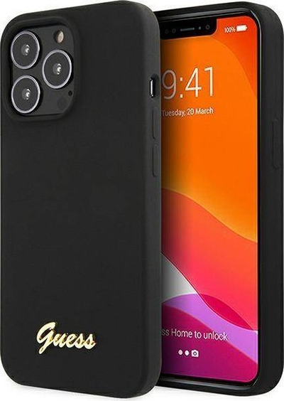 Mbulesë telefoni Guess GUHCP13XLSLMGBK, për iPhone 13 Pro Max 6.7", silikon, e zezë me logo ari