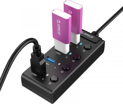 HUB USB Orico me 4 porta, USB 3.0, 5Gbps, me çelësa on/off, i zi