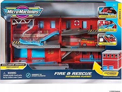 Set loje Micro Machines Fire & Rescue, stacion zjarrfikësish që hapej e bëhet bazë, me makinë, i kuq