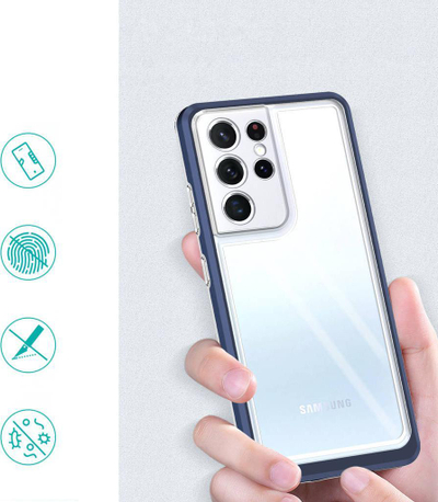 Mbulesë telefoni 3n1 për Samsung Galaxy S21 Ultra 5G, transparente me kornizë blu