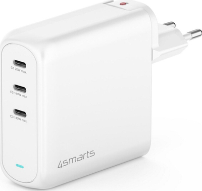 Karikues muri 4smarts GaN Flex Pro, 3x USB C, kabllo 1.5 m, i bardhë