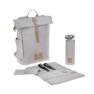 Çantë shpine për pelena LÄSSIG Rolltop Diaper Backpack, hapje roll top, ndarje të shumta, gri