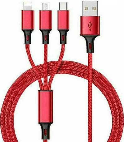 Kabllo karikimi Miro 3n1, USB në Type C microUSB Lightning, me najlon, e kuqe