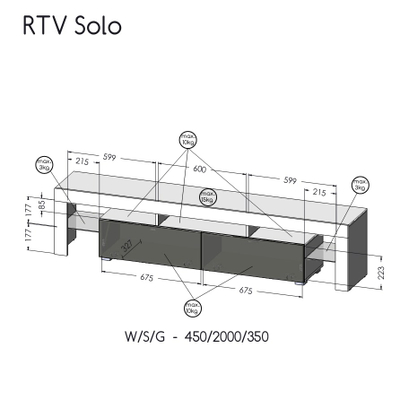 Komodinë TV Cama SOLO 200 CZ/BI, 200cm, 2 rafte xhami, e bardhë e zezë