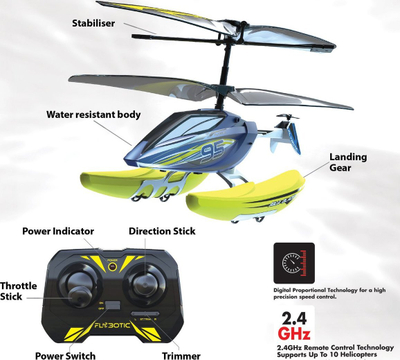 Helikopter lodër me komandë Flybotic Aqua Blaze, 3‑në‑1, blu e verdhë