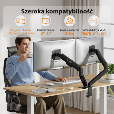 Krah biure SENSE7 HANG DOUBLE Light, për 2 monitorë 17"-32", VESA 75x75 100x100, i zi