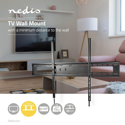 Mbajtës muri për TV Nedis, 60-100\", fikst, 75kg, 3.05cm larg murit