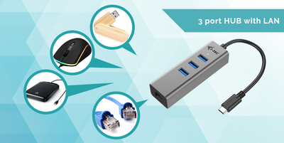 Qendër USB-C I-tec Metal, 3 porta, Gigabit Ethernet, e zezë