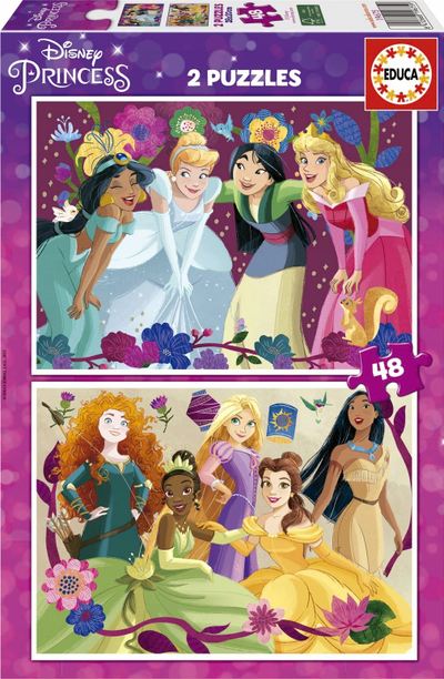 Puzzle Educa Princesses Disney, set 2x48 copa, 28 x 20 cm, shumëngjyrësh