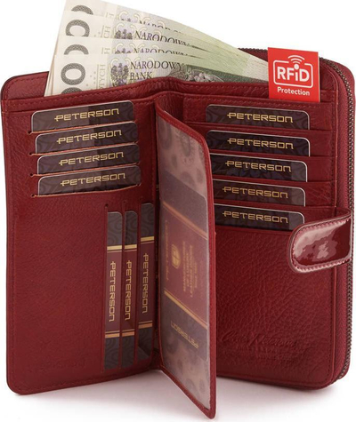 Portofol për gra Peterson BC 603, lëkurë, RFID, i kuq