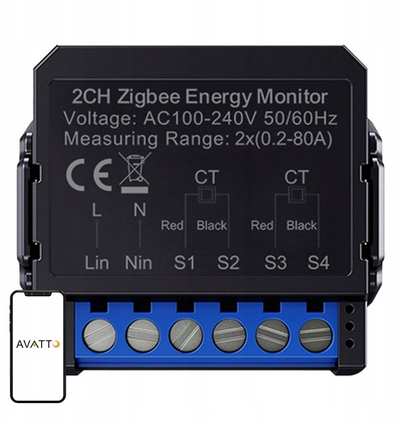Matës energjie smart Avatto ZWPM16‑2, ZigBee, me 2 kanale, i zi