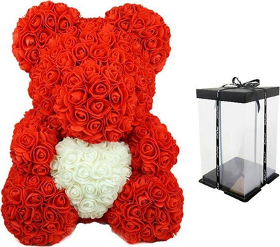 Ari dekorativ goca me trëndafila Roses Bear, 23 cm, trëndafila të kuq, zemër e bardhë
