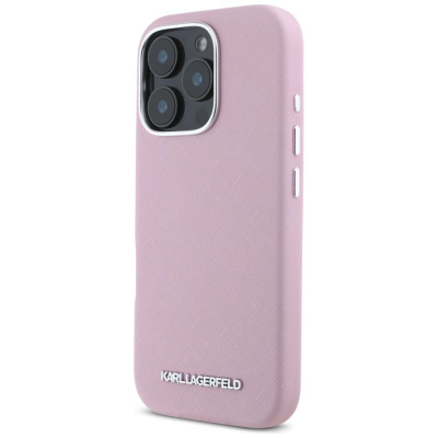 Kapak telefoni Karl Lagerfeld Saffiano Metal Logo MagSafe për iPhone 16 Pro, lëkurë eco, rozë