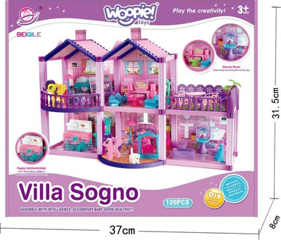 Shpi kukullash Woopie Villa Sogno, 120 pjesë, ponej dhe aksesore, rozë vjollcë