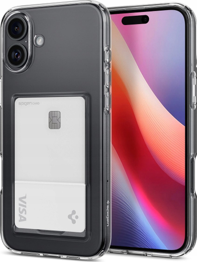 Mbështjellës telefoni Spigen Crystal Slot për iPhone 16, mbajtëse karte, transparent