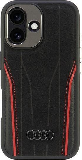 Mbulesë telefoni Audi Genuine Leather Hardcase, MagSafe, për iPhone 16 6.1", e zezë e kuqe