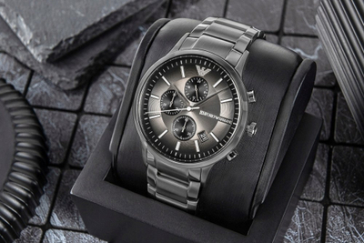 Orë dore Emporio Armani Chronograph, 43mm, çelik inoks, gri gunmetal