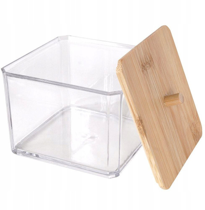 Kuti organizuese kozmetike, akrilike transparente, kapak bambu, ngjyrë natyrale