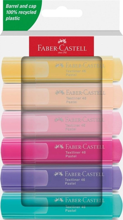 Marker tekstual Faber-Castell Textliner 46, set 6 copë, pastel, shumëngjyrëshe