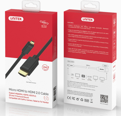 Kabllo HDMI Micro Unitek Y-C182, 2 metra, 4K, e zezë