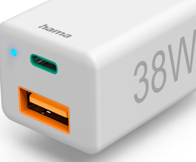 Karikues i shpejtë Hama, 1x USB-C PD, 1x USB-A QC, mini karikues, 38 W, i bardhë