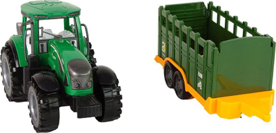 Lodër traktor Leantoys me rimorkio, me mekanizëm fërkimi, plastikë, jeshil