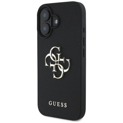 Kapak telefoni Guess Grained Big 4G Logo për iPhone 16 6.1", eko lëkurë, i zi
