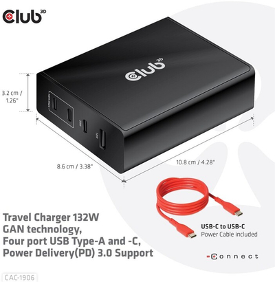 Karikues Club3D, teknologji GAN, 4xUSB-A dhe USB-C, PD 3.0, 132W, i zi