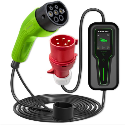Karikues portativ për makinë elektrike Qoltec Mobile Charger 2in1, Type 2, me rregullim rryme, i zi me jeshile