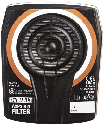 Filter respirator DeWalt A2P3 R D, për maskë gjysmë dhe të plotë, set 2 copë, i zi