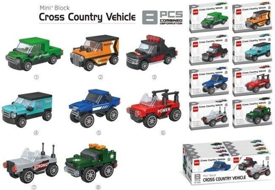 Set lodrash me blloqe Mini Block Cross Country Vehicle, 8 makina, për kalamaj