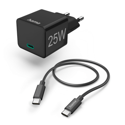 Mini karikues i shpejtë Hama me kabllo USB-C, PD, 25W, 1.5m, i zi