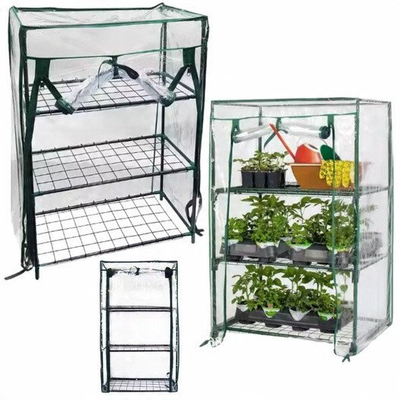 Sera mini për ballkon, 3 rafte metalike, PVC, 46 x 24 x 80 cm, transparente