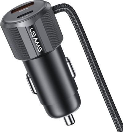 Полнач за автомобил Usams CC287 YT Series, 66W Dual Port USB A+C, со кабел 2 во 1 C+Lightning, црн