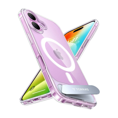 Mbulesë telefoni Torras Pstand Series për iPhone 16 Plus, magnetike, me stendë, transparente vjollcë