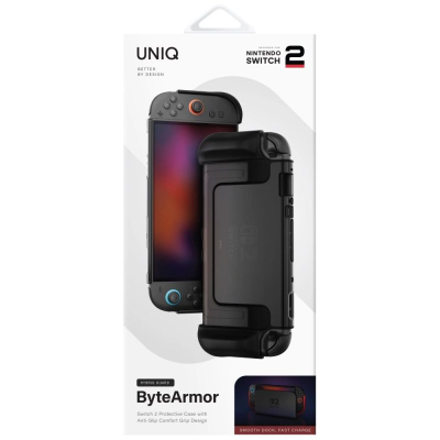Mbrojtëse konzole Uniq Bytearmor për Nintendo Switch 2, ergonomike, me këmbë mbajtëse, e zezë