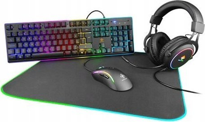 Set gaming Deltaco Gaming 4 në 1, RGB, me tastierë, maus, mousepad edhe kufje, i zi